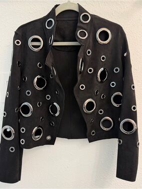 Black Faux Suede Grommet Circle Detail Women's Jacket